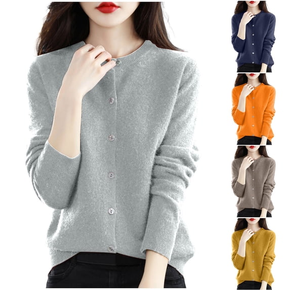 Yxbdin Cardigan Sweaters for Women Trendy Button Down Sweater Tops Comfy Crew Neck Outerwear Classic Long Sleeve Fall Sweaters Daily Wear L