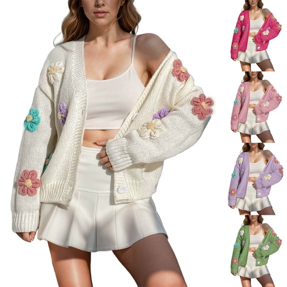 Yxbdin Cardigan Sweaters for Women Trendy Button Up Knitted Sweaters with Flowers Applique Casual Long Sleeve Open Front Cardigan Everyday Daily Wear