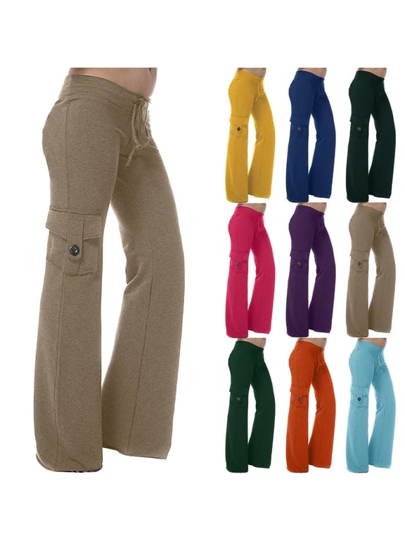 Cargo Leggings for Women with Pockets Drawstring Low Rise Yoga Pants Skinny Tight Flared Yoga Leggings Comfortable Slim Fit Gym Trousers