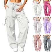 Yxbdin Cargo Pants for Women Plus Size Straight Leg Pants with Pockets Classic Elastic Drawstring Waist Trousers Comfortable Hiking Trousers