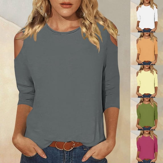 Yxbdin Cold Shoulder Blouses for Women Casual Crew Neck Basic Shirts Comfy 3/4 Sleeve Solid Color Tshirts Outdoor Vacation Outfits for Fall