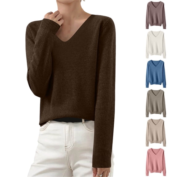 Yxbdin Cotton Knit Sweaters for Women V Neck Sweater Comfy Soft Long Sleeve Shirts Casual Loose Fitted Knitwear Solid Color Pullover Tops L