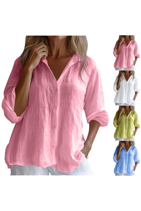 Cotton Linen Button Down Womens Shirts Long Sleeve V Neck Tunic Shirt Loose Fit Solid Color Business Casual Blouses Comfy Basic Tops White M