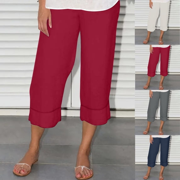 Yxbdin Cotton Linen Capri Pants for Women Dressy Casual Elastic High Waisted Capris Summer Spring Travel Walking Pant Red XXL