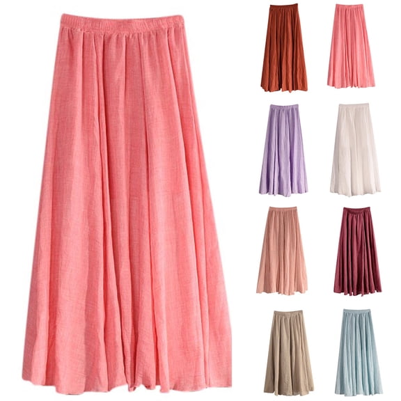 Yxbdin Cotton Linen Long Skirts for Women Lightweight Loose Fit Flowy Skirt Elastic High Waist A Line Maxi Skirt Outdoor Travel Resort Wear