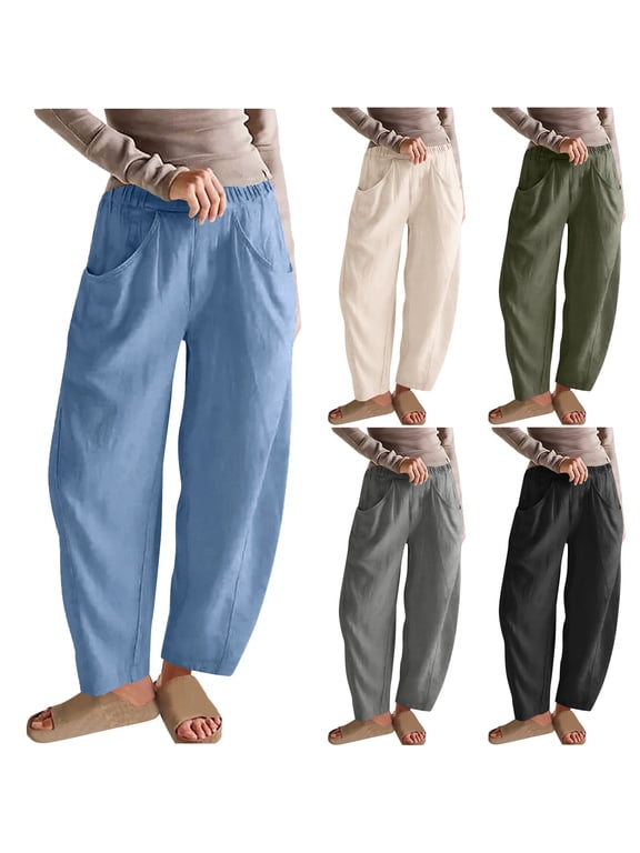 Cotton Linen Pants for Women Wide Leg Lounge Pants Elastic Waisted Long Pants with Pockets Summer Beach Vacation Trousers