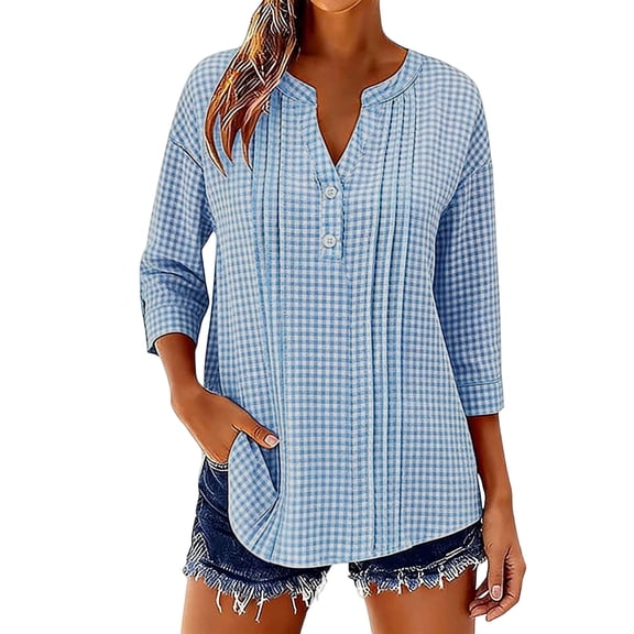 Yxbdin Cotton Linen Plaid Shirts for Women 3/4 Length Sleeve V Neck Buttons Blouses Loose Fit Pleated Tunic Shirt Trendy Business Casual Tops Blue XXL