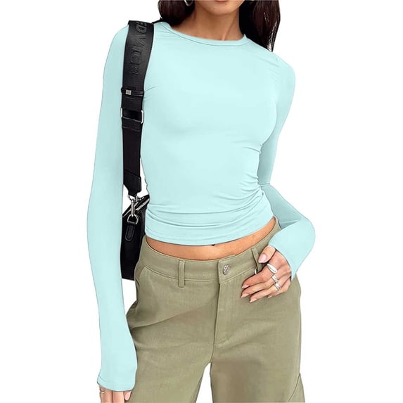 Yxbdin Crop T Shirts for Women Dressy Casual Basic Tee Long Sleeve Shirts Spring Crew Neck Tops Slim Fit Basic Clothes Light Blue XL