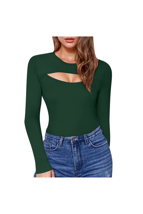 Cutout Shirts for Women Casual Dressy Long Sleeve Blouses slim Fit Crew Neck Shirt Fatioanable Summer Vacation Tops Green XL
