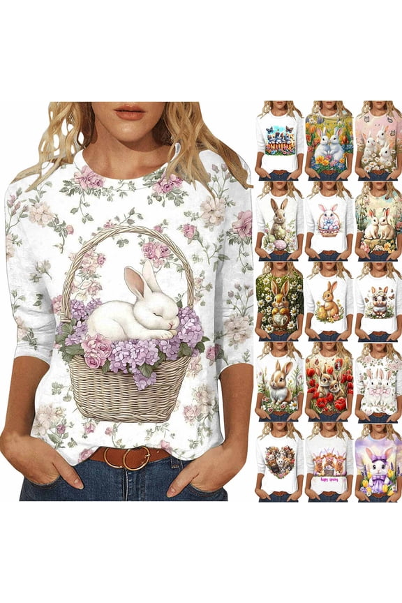 Easter Crew Neck Shirts for Women Plus Size Bunny Eggs Graphic Tee 3/4 Sleeve Rabbit Print T Shirts Funny Casual Spring Tops White XXXL