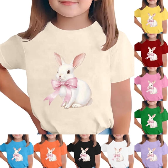 Yxbdin Easter Shirts for Kids Easter Day Printed Shirt Short Sleeve Rabbit with Bow Graphic Blouses Summer Outdoor Tops Girls Festival Outfits Beige 150