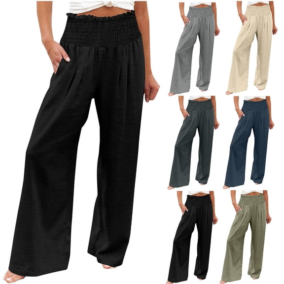 Yxbdin Elastic High Waist Cotton Pants for Women Straight Wide Leg Lounge Trousers with Pockets Comfy Pleated Solid Color Sweatpants Dark Gray XL