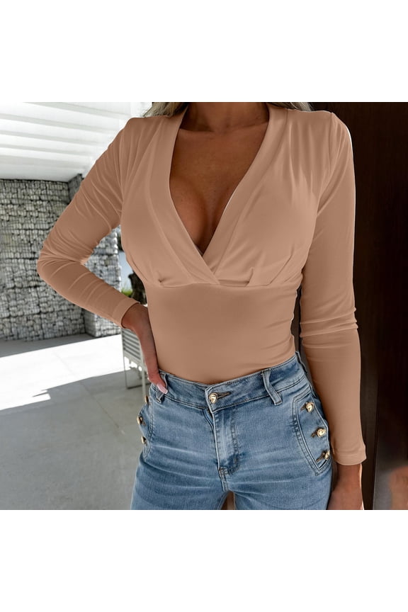 Elastic Waist Blouses for Women Dressy Casual Deep V Neck Shirts Wrap Low Cut Long Sleeve Tops Khaki XXL