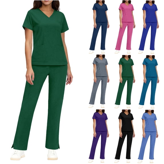 Yxbdin Essential Scrubs for Women Set Solid Color Medical Scrubs Sets with Pockets Short Sleeve Scrub Tops and Pants 2 Piece Nursing Uniform Suit Navy S