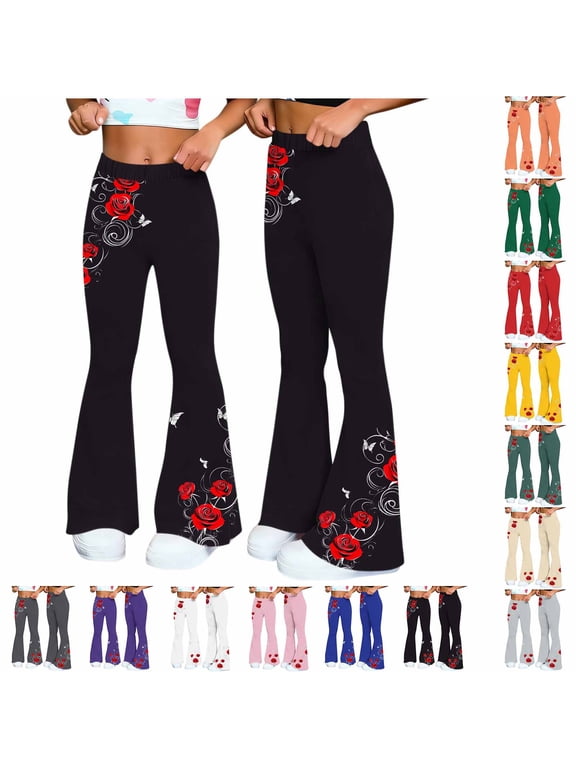 Flared Leggings for Women Elastic Waist Yoga Pants Workout Fitness Gym Pants Cute Embroidered Flower Workout Pants