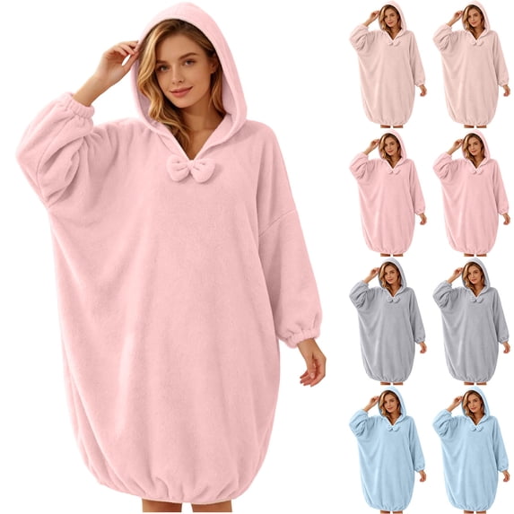 Yxbdin Fleece Hooded Pullover Robes for Women Long Sleeve Nightgown Comfy Warm Winter House Coat Oversized Knee Length Sleepwear for Lounging Home