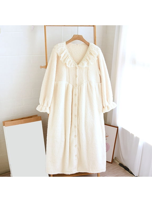 Fleece Robes for Women Trendy Ruffle Trim Button Down Bathrobe Lace V Neck Knee Length Loungewear Soft Warm Fashion Gowns for Winter M