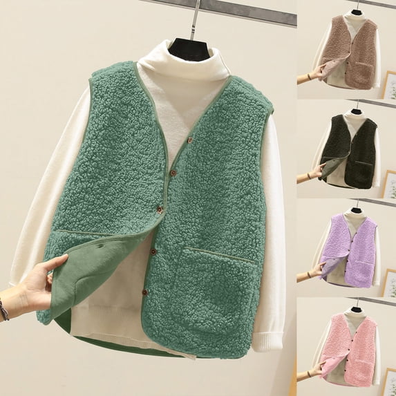 Yxbdin Fleece Vests for Women with Pockets Petite Outerwear Cozy Button Front V Neck Vest Tops Fashion Reversible Fall Clothes for Casual XL