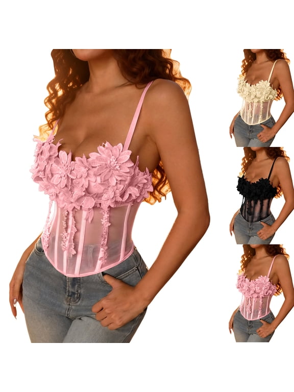 Floral Applique Mesh Croset Tops for Women with Straps Fashion Clothing for Wedding Guest Shape Crop Corsets Boned Going Out Shapewear