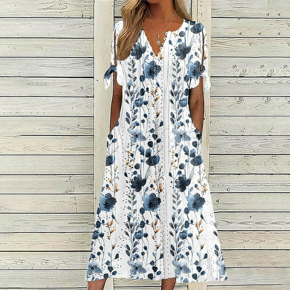 Yxbdin Floral Print Boho Dresses for Women Trendy Eyelet Knot Short Sleeve Beach Dresses Button V Neck Midi Dresses Flowy Summer Dress Outdoor Travel Dress
