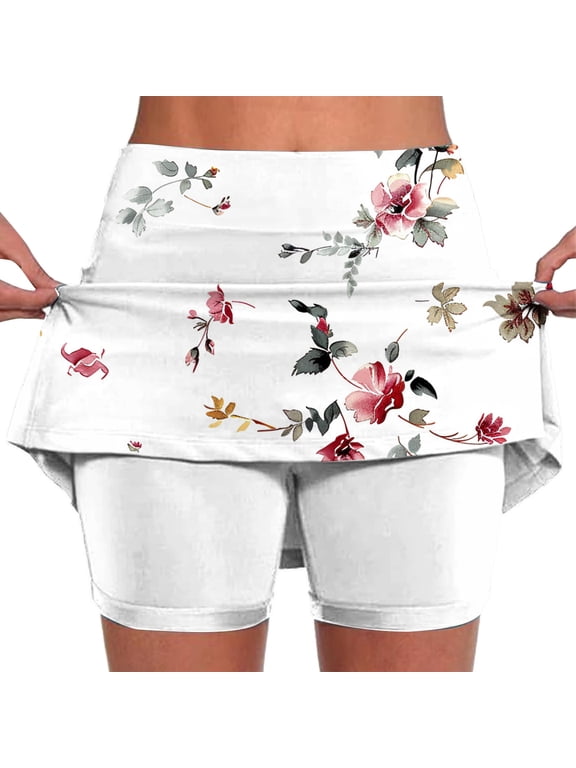Floral Print Skorts for Women Plus Size Shorts Tummy Control Yoga Shorts Dance Athletic Pickleball Workout Shorts Tennis Skirted Shorts