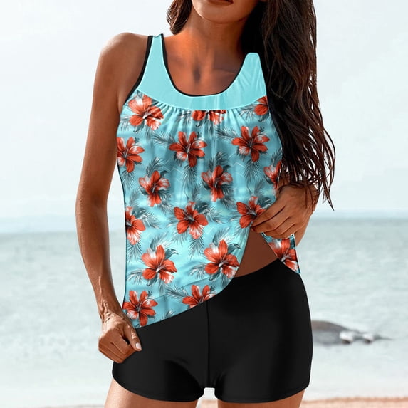 Yxbdin Floral Tankini Bathing Suits for Women 2 Piece Tummy Control Flowy Modest Swimsuits High Waisted Blouson Swim Top with Boyshorts Multicolor S