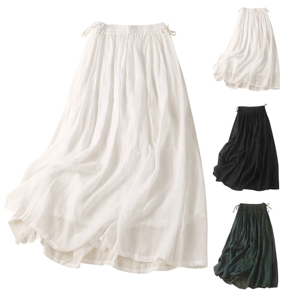 Yxbdin Flowy Linen Skirts for Women Loose Fit A Line Skirt Classic Elastic Waisted Maxi Skirt Trendy Side Knot Long Skirt Outdoor Travel Outfits
