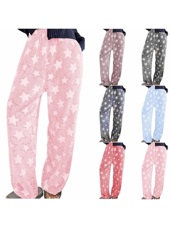Fluffy Pajama Pants Women Soft Fleece Sleepwear Trendy Star Print Fleece Loungewear High Waist Straight Leg Lounge Pants Warm Relaxed Fit Trousers
