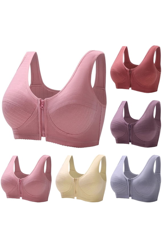 Front Zip Closure Bras for Women Trendy Ribbed Wireless Classic Wide Strappy Full Coverage Bralettes Comfort Gathering Lift Up Bralettes