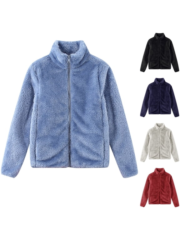 Fuzzy Fleece Jackets for Women Casual Zipper Stand Collar Jacket, Lightweight Soft Warm Outerwear, Coats for Petite Wear XL