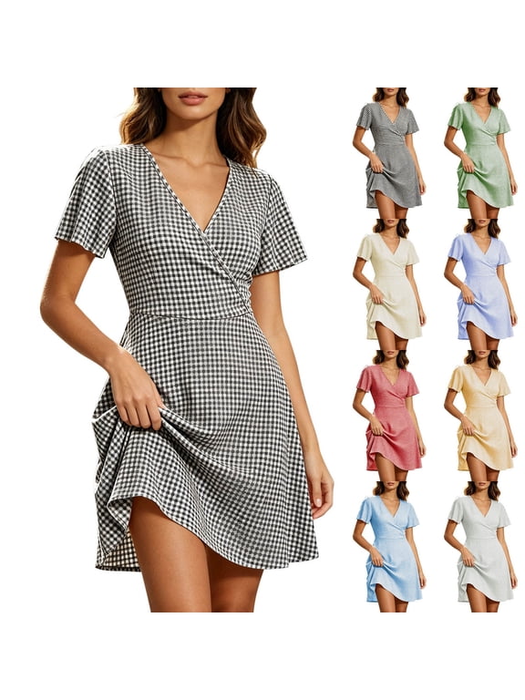 Gingham Plaid A Line Dresses for Women Casual Wrap V Neck Mini Dresses Comfy Short Sleeve Summer Dress Lightweight Relaxed Fit Shift Dress Daily Wear