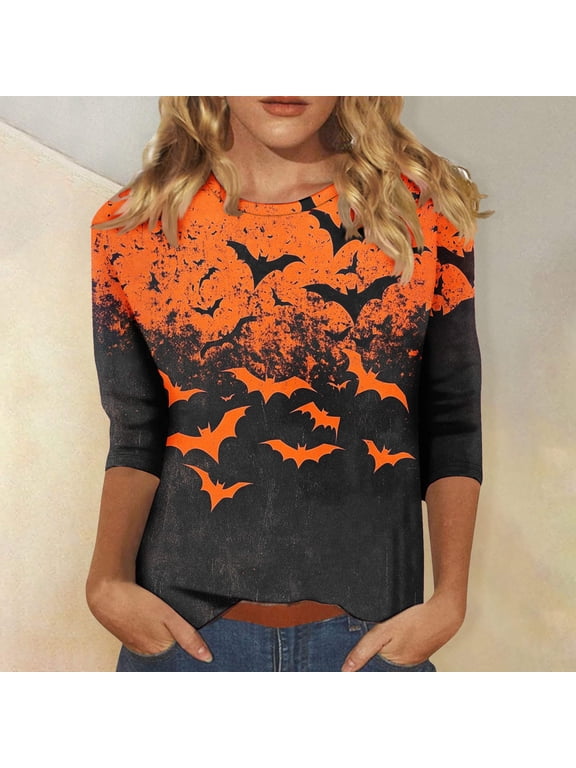 Gradient Halloween Shirts for Women Funny Bat Print Plus Size Tops Classic 3/4 Sleeve Oversized Tshirts Comfy Crew Neck Halloween Costumes