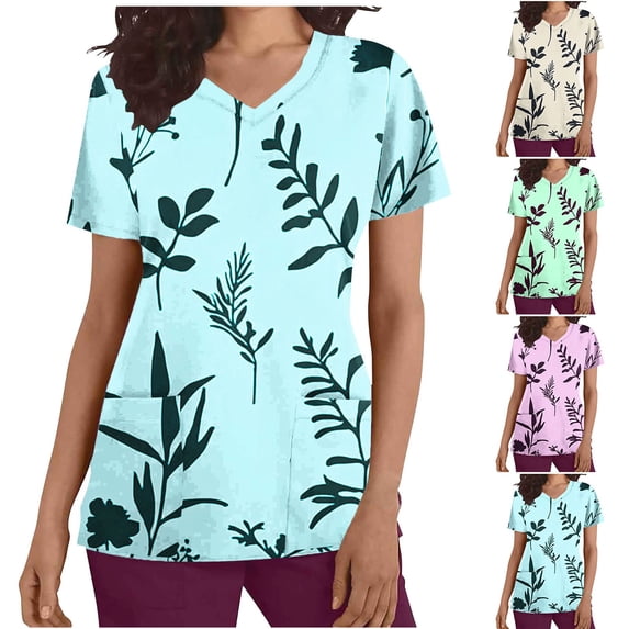 Yxbdin Graphic Scrub Shirts Women V Neck Short Sleeve Medical Uniforms Lightweight Stretchy Nurse Uniform Shirts with Pockets Light Blue L