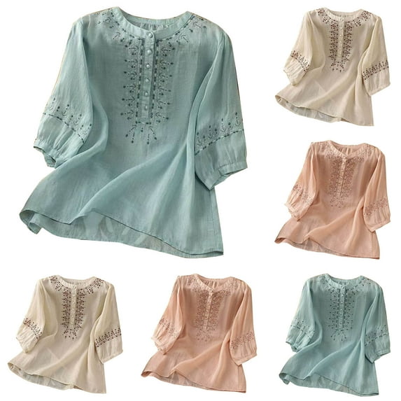 Yxbdin Half Sleeve Plus Size Shirts for Women Cotton Linen Round Neck Embroidered Blouses Comfy Loose Fit Buttons Tops Lightweight Summer Clothes Beige XXXXL
