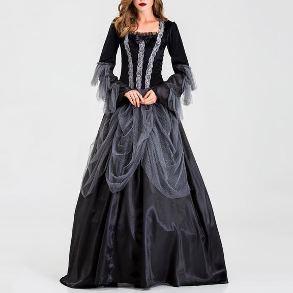 Yxbdin Halloween Maxi Dresses for Women Victorian Ball Gown Medieval Dress Vintage Gothic Renaissance Costume Long Sleeve Mesh Cosplay Outfits