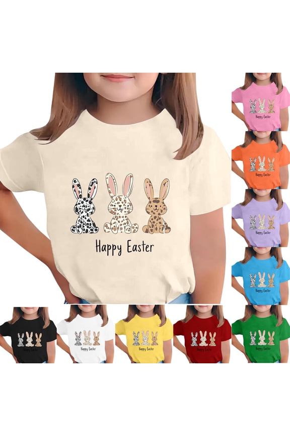 Happy Easter Shirts for Girls Cute Leopard Bunny Graphic T Shirt Big Kids Easter Day Shirt Short Sleeve Spring Break Blouses Black 120