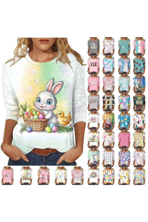 Happy Easter Shirts for Women Plus Size Cute Bunny Print T Shirts Crew Neck Rabbit Graphic Tee 3/4 Sleeve Funny Easter Eggs Tops White L