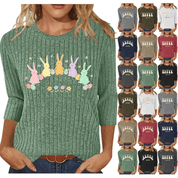 Yxbdin Happy Easter T Shirts for Women 3/4 Sleeve Cute Bunny Graphic Tee Crew Neck Easter Shirt Ribbed Casual Spring Tops Green XXL