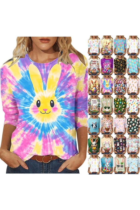 Happy Easter T Shirts for Women Plus Size Bunny Graphic Tee Funny Casual Crew Neck Clothes Easter Eggs Tops for Holiday White S