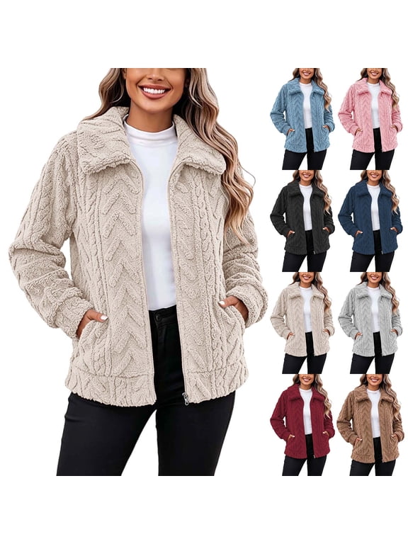 Jacquard Fleece Jacket Women Trendy Lapel Zip Front Fall Jackets with Pockets Petite Long Sleeve Outerwear Going Out Winter Clothes L