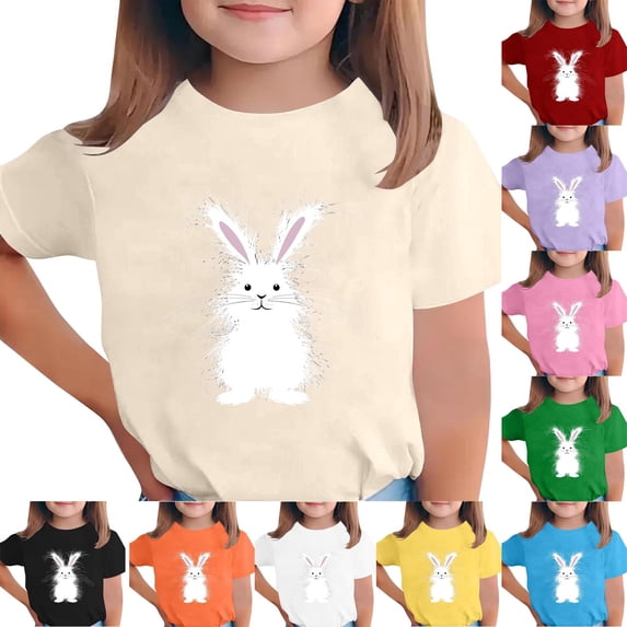 Yxbdin Kids Easter Shirts Loose Short Sleeve Crewneck Shirt Cute Bunny Rabbit Print Blouses Summer Outdoor Tops Girls Outfits Gifts Yellow 3-4Years
