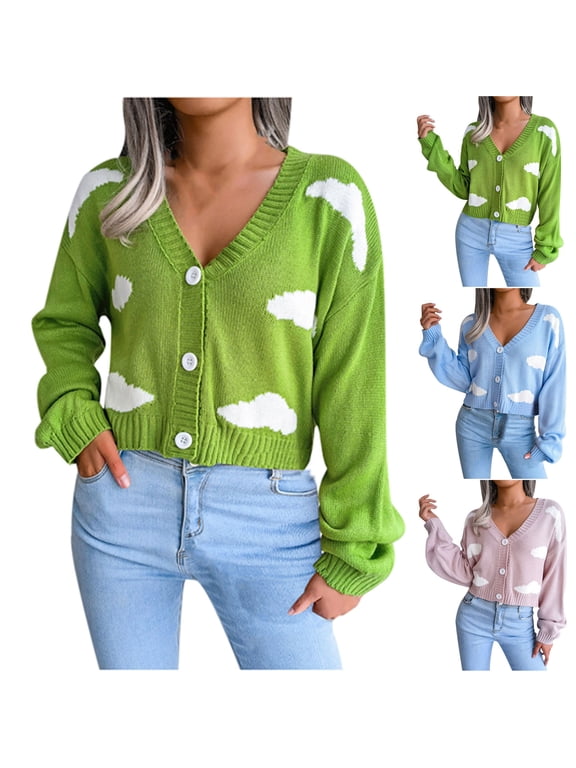 Knitted Cardigan Sweaters for Women Trendy Cloud Print Cropped Cardigans Classic Long Sleeve Sweater Tops Fall Winter Fashion Clothing