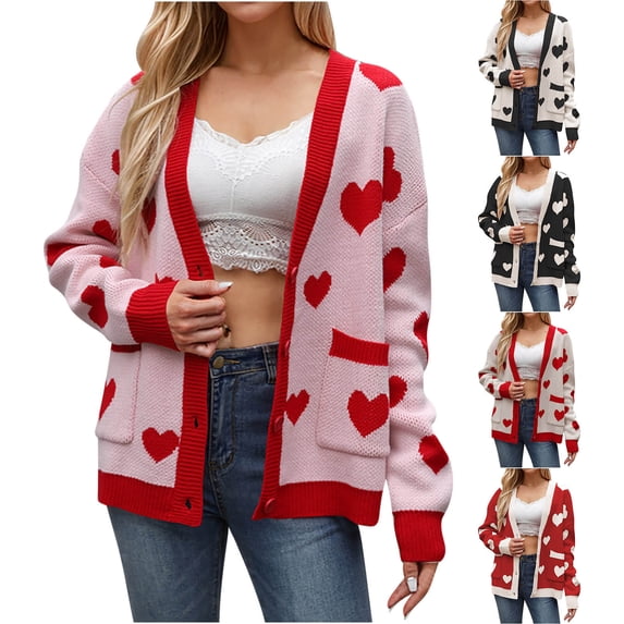 Yxbdin Knitted Cardigan Sweaters for Women Trendy Heart Print Sweater Jacket Classic Long Sleeve Button Front Cardigans with Pockets Fall Clothes