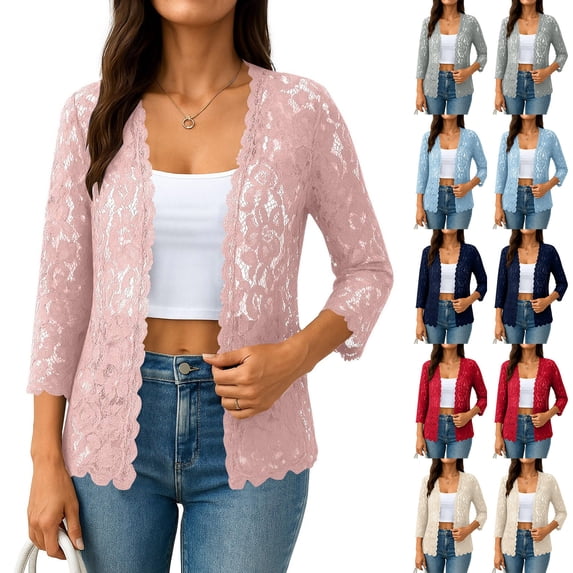 Yxbdin Lace Cardigan for Women Plus Size 3/4 Sleeve Shrug Cardigans Sheer Open Front Caidigan Elegant Ruffle Trim Outerwear for Vacation