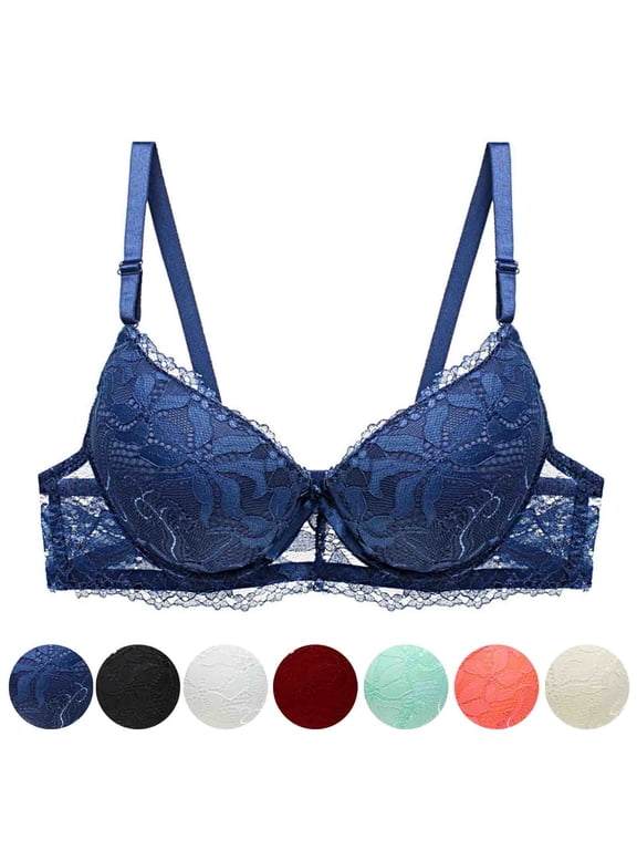Lace Push Up Bras for Women Underwire Sheer Mesh Bra with Adjustable Straps Gathering Lifting Everyday Bra Breathable 3/4 Coverage Bra Daily Wear