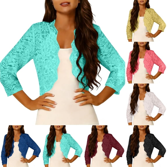 Yxbdin Lace Shrug Cardigans for Women Summer 3/4 Sleeve Bolero Shrug Lightweight Open Front Cardigan Elegant Cropped Shrug Tops for Dresses