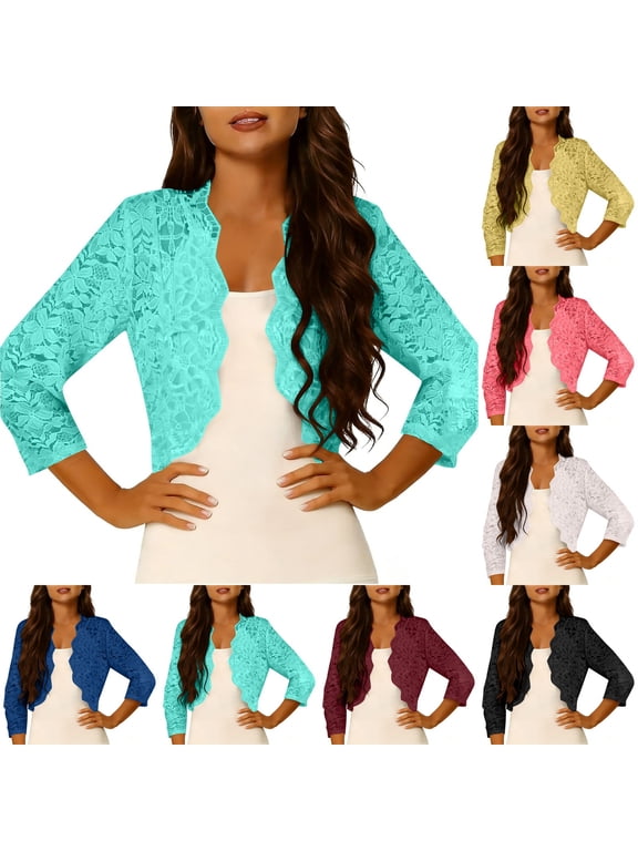 Lace Shrug Cardigans for Women Summer 3/4 Sleeve Bolero Shrug Lightweight Open Front Cardigan Elegant Cropped Shrug Tops for Dresses