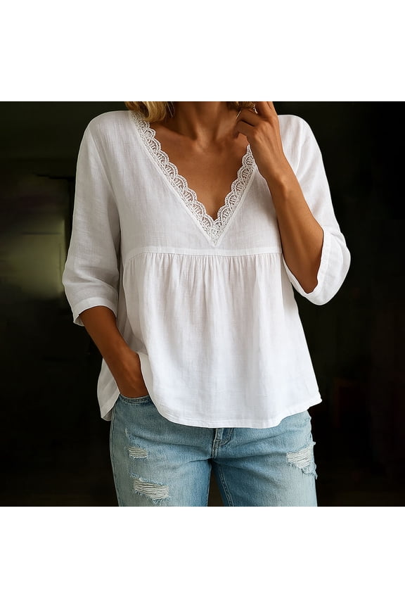 Lace Tops for Women 3/4 Sleeve Tops Dressy Casual V Neck Shirts Plus Size Tops fashion Summer Beach Clothes White XL