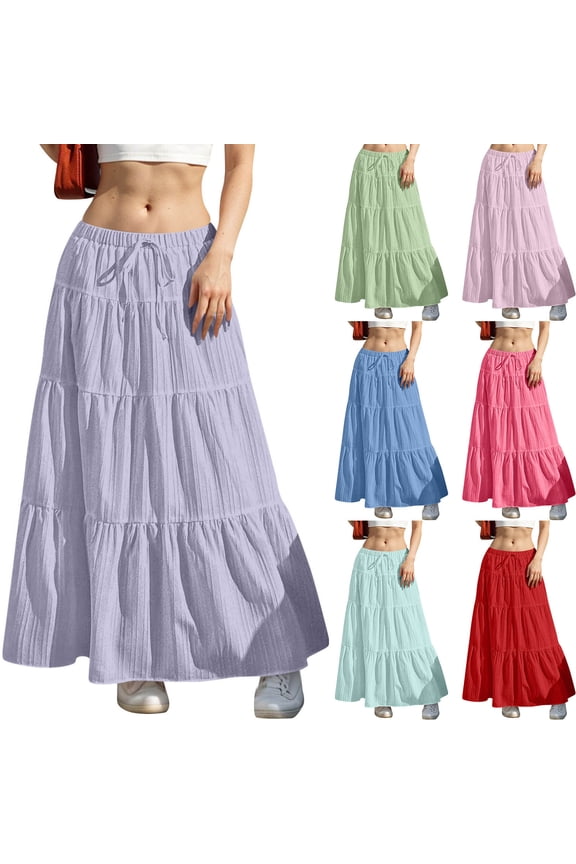 Lightweight Flowy Skirts for Women Boho Vacation Maxi Skirt Trendy Ruffle Hem Tiered A Line Skirt Drastring Waisted Fashion Clothing for Fall