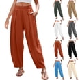 thumbnail image 1 of Yxbdin Linen Boho Harem Pants Women Loose Fit Wide Leg Trousers Elastic Waiste Casual Pants with Pockets Travel Vacation Long Pants Beige S, 1 of 7